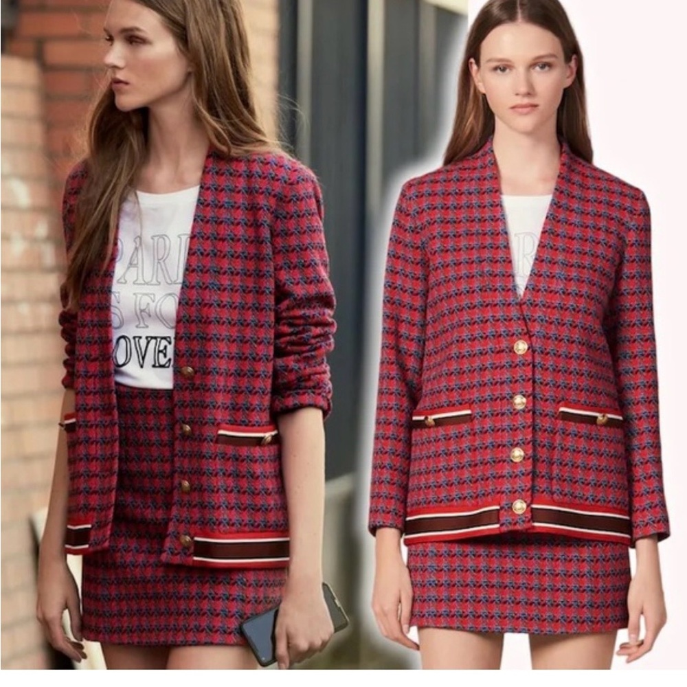 Sandro Red and Black Patterned Blazer